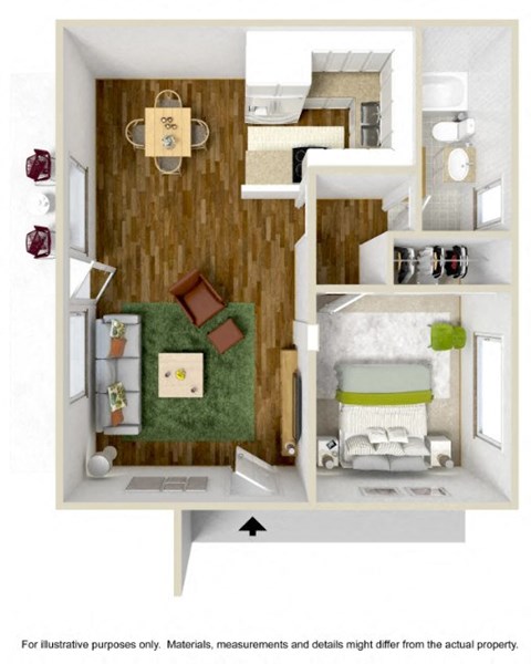 Floor plan for 1 bed, 1 bath, 665 sqft
